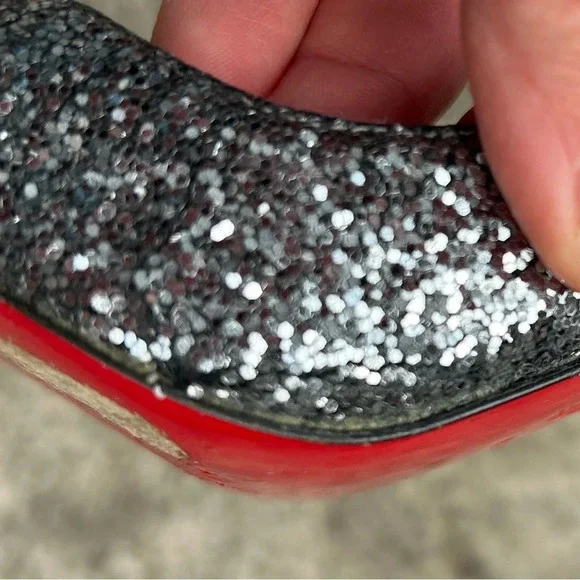 Christian Louboutin Metallic Grey Glitter Very Prive Peep Toe Pumps, Size 38.5 - Picture 10 of 16